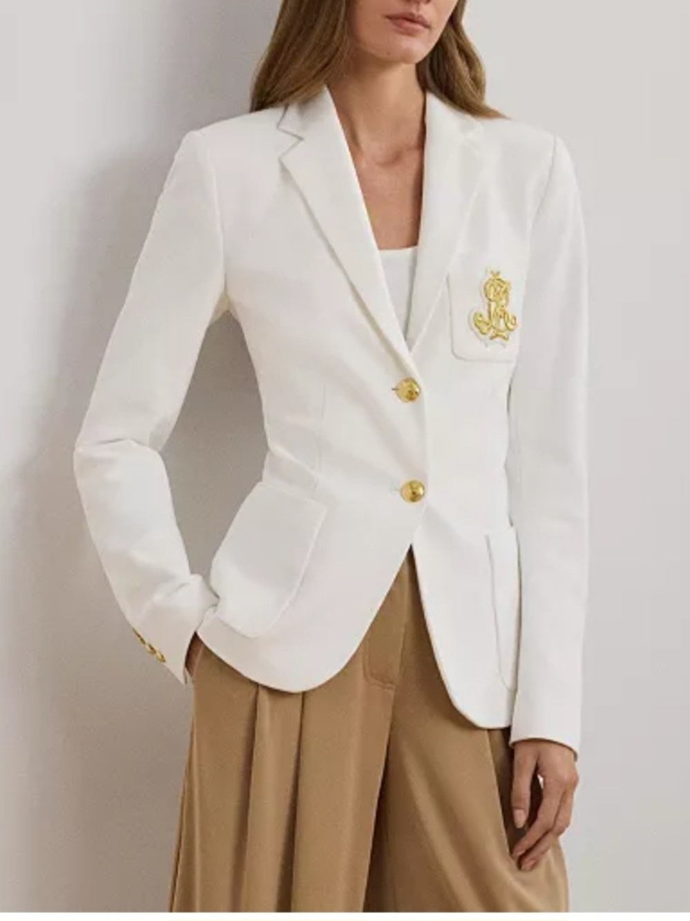 Ralph Lauren White Tailored Blazer with Gold Crest and Buttons